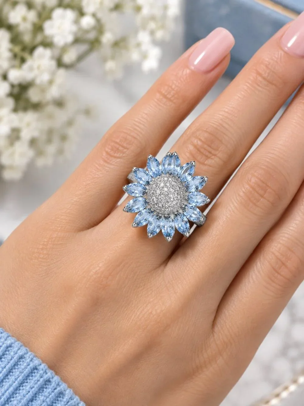Sunflower Statement Ring Blue CZ Crystal Petals Silver Tone Size 10 NWT